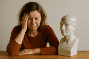 Femme dépassée assise à côté d’un buste cérébral, symbolisant le besoin d’un accompagnement au-delà du mental à Nozay, Jans et Derval