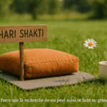 Coussin de méditation, tasse de thé et marguerite sur un tapis à Jans — scène humoristique illustrant l’accompagnement holistique Hari Shakti