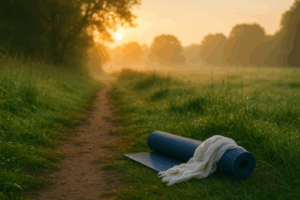 Tapis de yoga dans la nature à Nozay, symbole de reconnexion avec soi par le Kundalini yoga