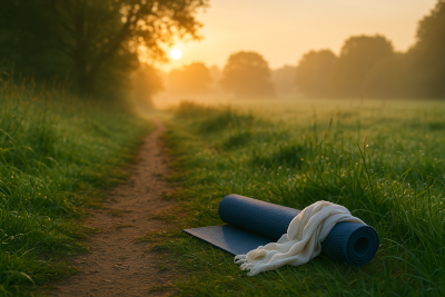 Tapis de yoga dans la nature à Nozay, symbole de reconnexion avec soi par le Kundalini yoga