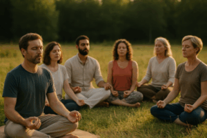 Groupe mixte d’hommes et de femmes en pleine séance de yoga kundalini guidée en nature, en posture de respiration pranayama, près de Nozay