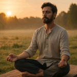 Homme méditant en pleine nature au lever du soleil, pratiquant le yoga kundalini pour améliorer son bien-être et son équilibre intérieur