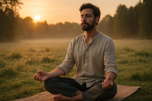 Homme méditant en pleine nature au lever du soleil, pratiquant le yoga kundalini pour améliorer son bien-être et son équilibre intérieur